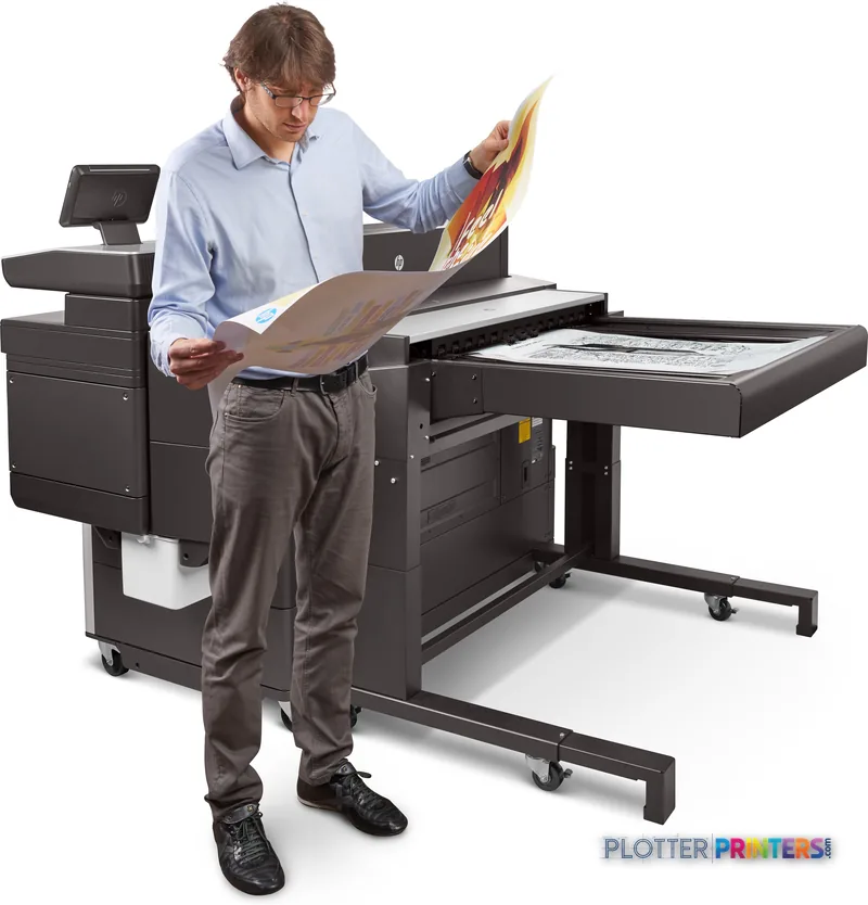 Man examining a large color print from HP PageWide XL 8000 printer in lifestyle setting