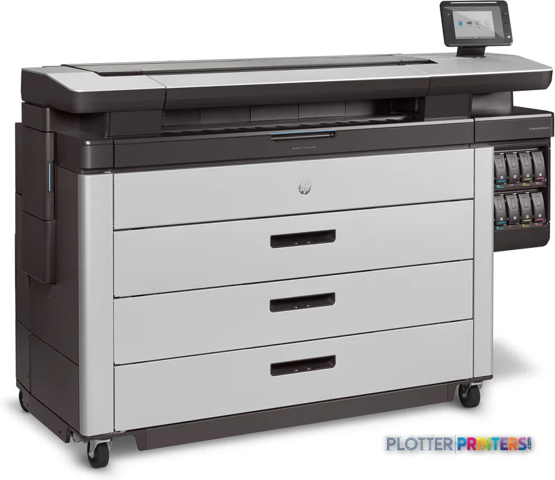 HP PageWide XL 8000 large format printer product image showing black and white inkjet printer with paper drawers and control…
