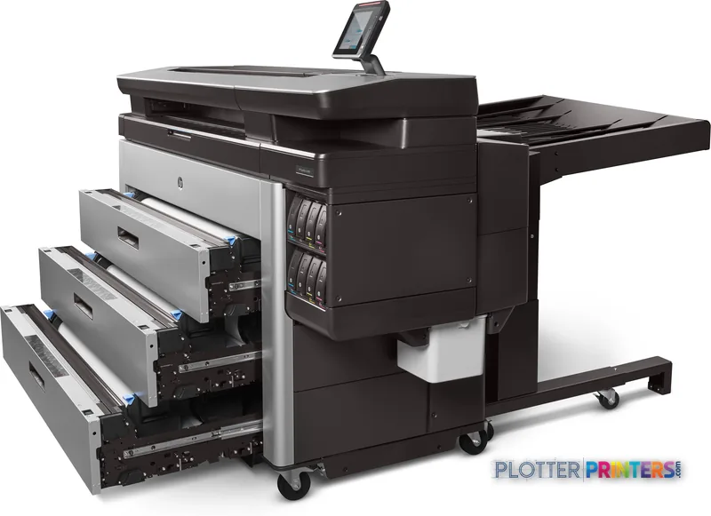 HP PageWide XL 8000 large format printer product image showing black and white inkjet device with open paper trays and contr…