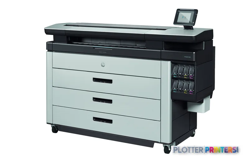 HP PageWide XL 8000 large format printer product image showing black and white inkjet device with touch screen