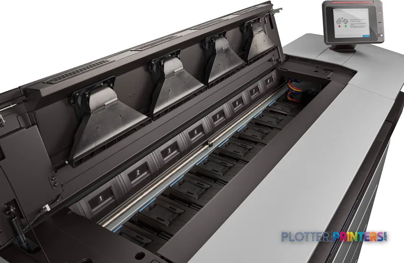 HP PageWide XL 8000 product image showing open ink cartridge bay with multiple cartridges and control panel
