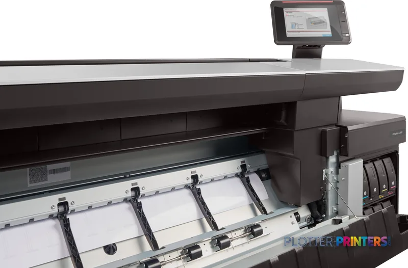 HP PageWide XL 8000 large format printer product image showing front view with open paper feed and touchscreen display