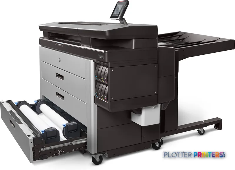 HP PageWide XL 8000 large format printer product image showing black and white inkjet device with open paper trays