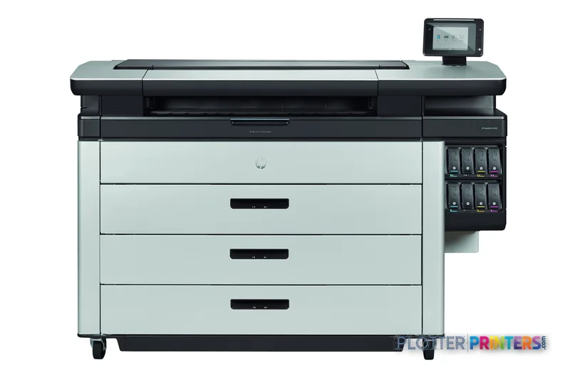 HP PageWide XL 8000 large format printer product image showing front view with light gray and black body, control panel, and…