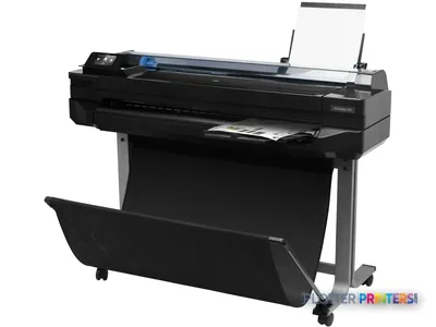 HP Designjet T520 36" large-format printer product image showing black thermal inkjet printer on stand with paper output tray