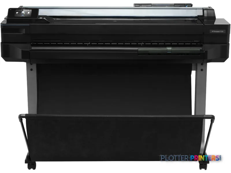 HP Designjet T520 36" large-format printer product image showing black printer on stand with front catch tray