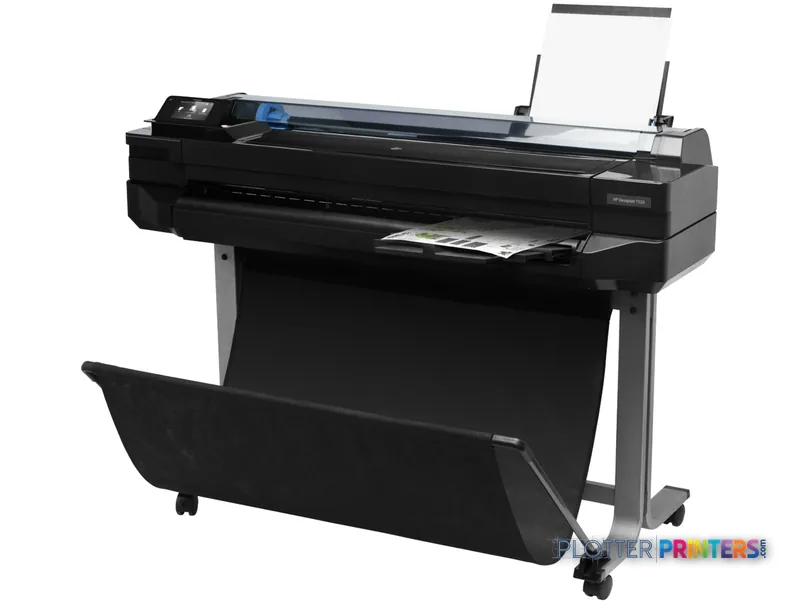 HP Designjet T520 36" large-format printer product image showing black thermal inkjet printer on stand with paper output tray