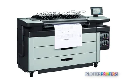 HP PageWide XL 5000 large format printer product image showing black and white inkjet printer with paper output