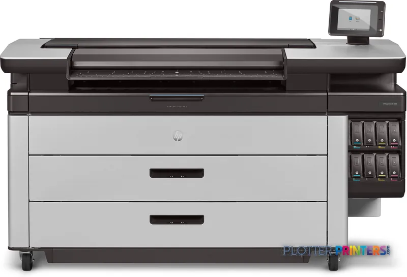 HP PageWide XL 5000 large format printer product image showing black and white inkjet printer with touch screen and paper tr…