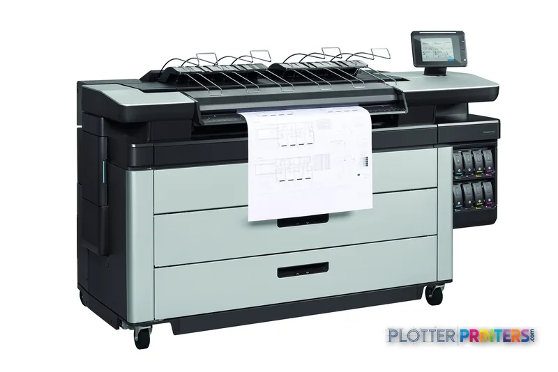 HP PageWide XL 5000 large format printer product image showing black and white inkjet printer with paper output