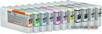 Epson Stylus Pro 4900 Spectro M1 ink cartridges arranged in a row showing multiple color options