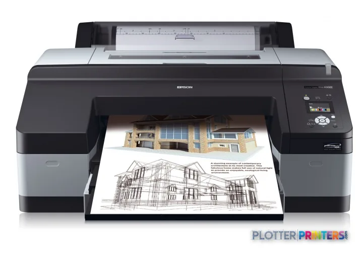 Epson Stylus Pro 4900 Spectro M1 large-format printer product image showing black and grey printer with architectural drawin…