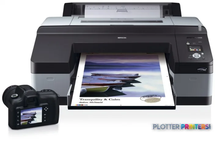 Epson Stylus Pro 4900 Spectro M1 large-format printer with printed landscape photo output and camera
