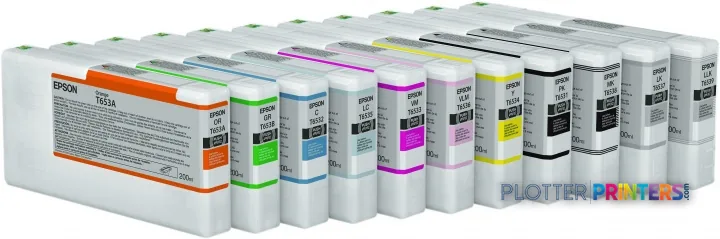 Epson Stylus Pro 4900 Spectro M1 ink cartridges arranged in a row showing multiple color options