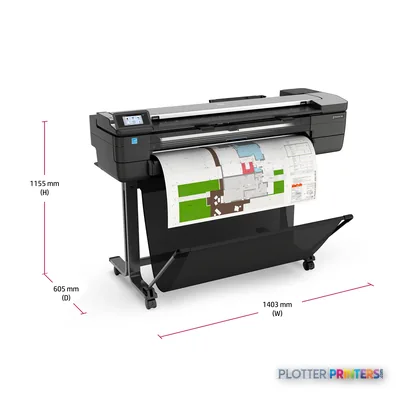 HP DesignJet T830 36-inch large format printer with annotated dimensions showing width, depth, and height measurements