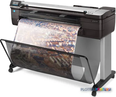 HP DesignJet T830 36-inch large format printer product image showing the device with a wide-format aerial photograph print b…