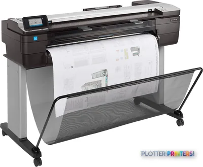HP DesignJet T830 36-inch large format printer product image showing front view with architectural plans printing