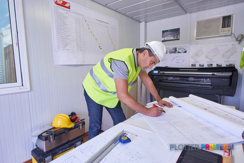 HP DesignJet T830 36-inch large format printer in lifestyle setting with construction worker reviewing printed blueprints