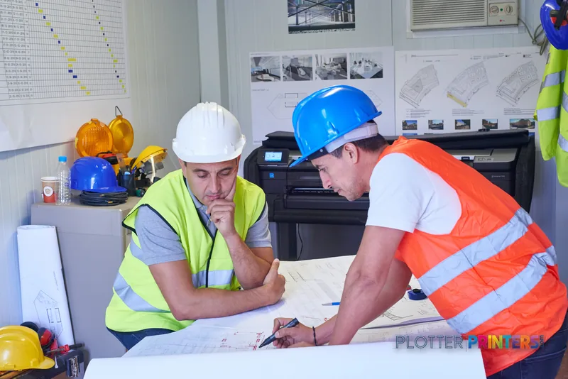 HP DesignJet T830 36-inch printer lifestyle image showing construction workers reviewing large-format blueprints in an office