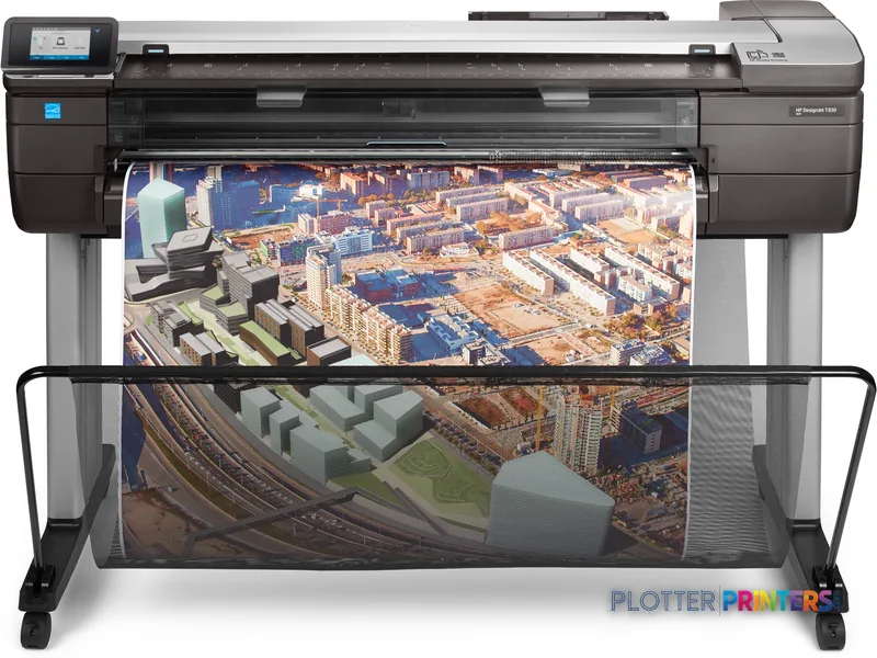 HP DesignJet T830 36-inch large format printer product image showing front view with architectural cityscape print