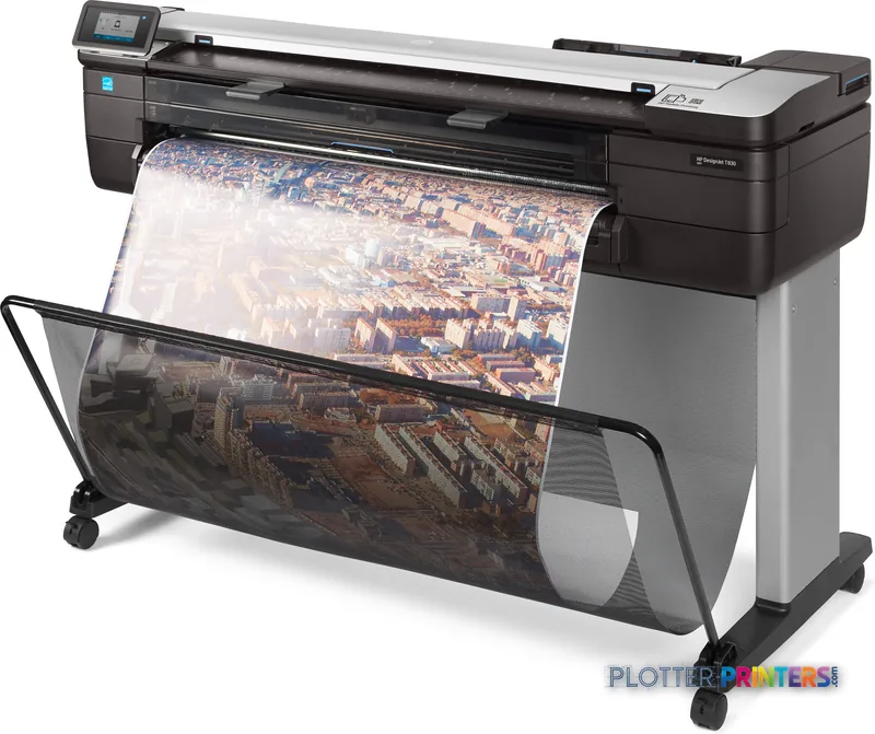 HP DesignJet T830 36-inch large format printer product image showing the device with a wide-format aerial photograph print b…