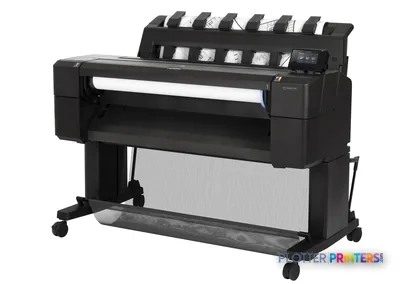 HP Designjet T930 large format printer product image showing black thermal inkjet printer with multiple ink cartridges mount…