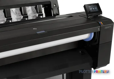 HP Designjet T930 large-format printer product image showing the front view with paper feed slot and touchscreen control pan…