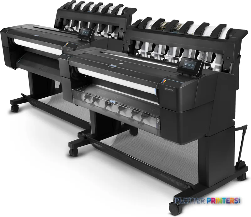 HP Designjet T930 large format printer lifestyle image showing the black thermal inkjet printer with dual roll feed system a…