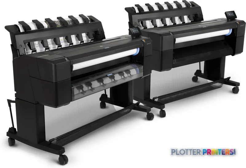 HP Designjet T930 large format printer lifestyle image showing two black thermal inkjet printers with ink cartridge towers a…