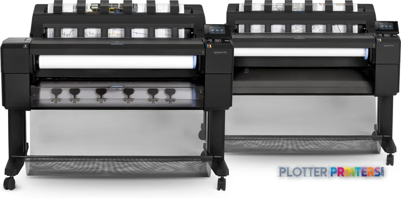 HP Designjet T930 large-format printer lifestyle image showing two black thermal inkjet printers side by side