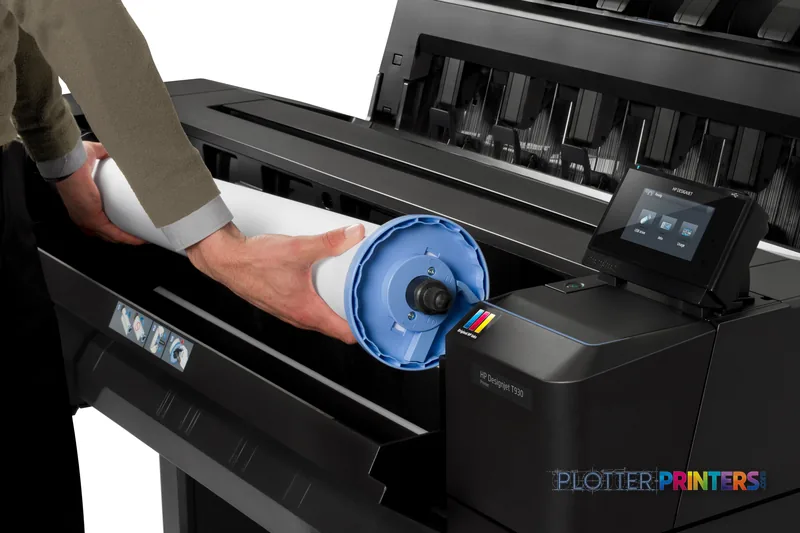 HP Designjet T930 lifestyle image showing a person loading a blue ink cartridge into the printer