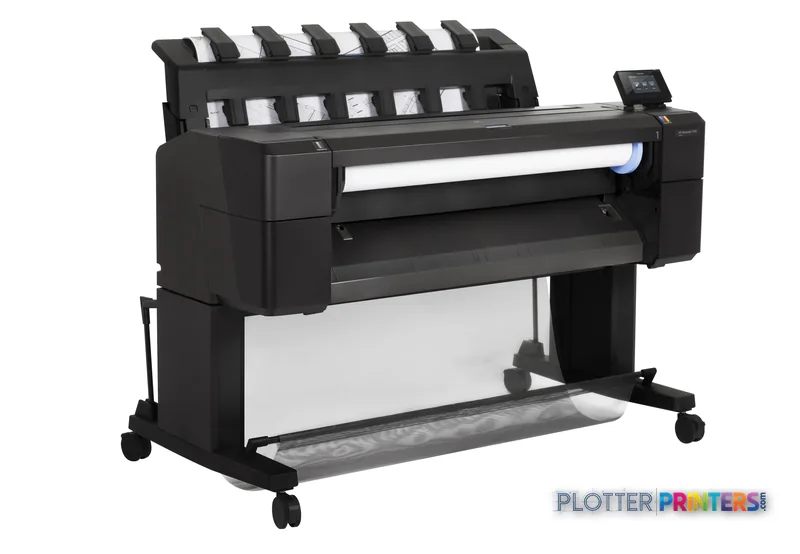 HP Designjet T930 large-format printer product image showing front view with roll feed system and control panel