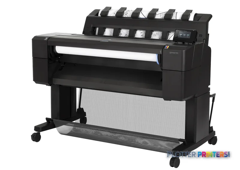 HP Designjet T930 large format printer product image showing black thermal inkjet printer with multiple ink cartridges mount…