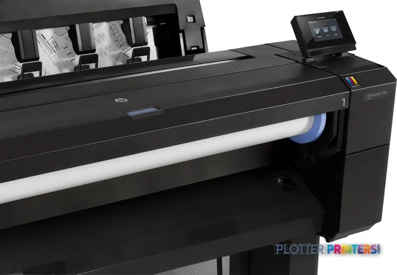 HP Designjet T930 large-format printer product image showing the front view with paper feed slot and touchscreen control pan…