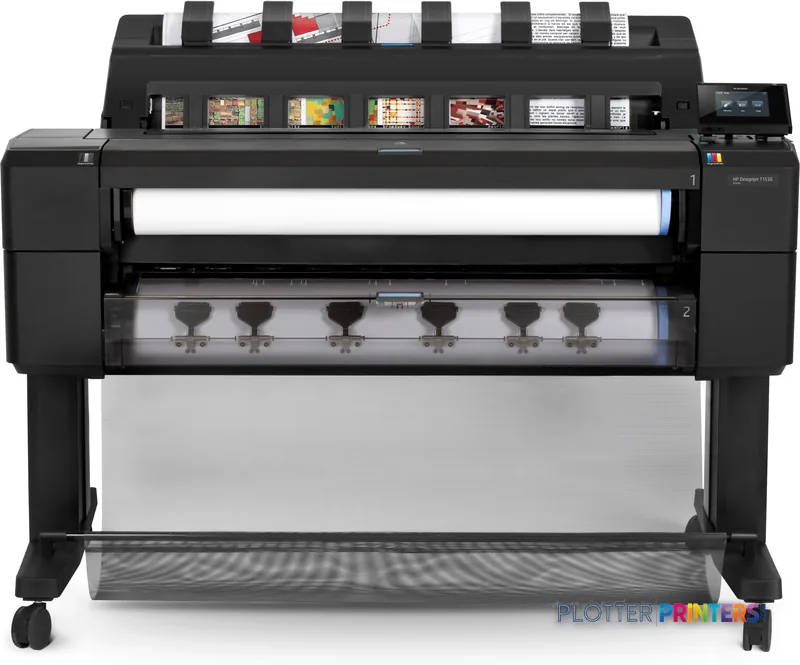 HP DesignJet T1530 36-in large format printer front view showing black chassis with paper roll loaded and ink cartridges vis…