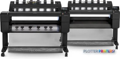 HP DesignJet T1530 36-inch large format printer lifestyle view showing two black thermal inkjet printers side by side