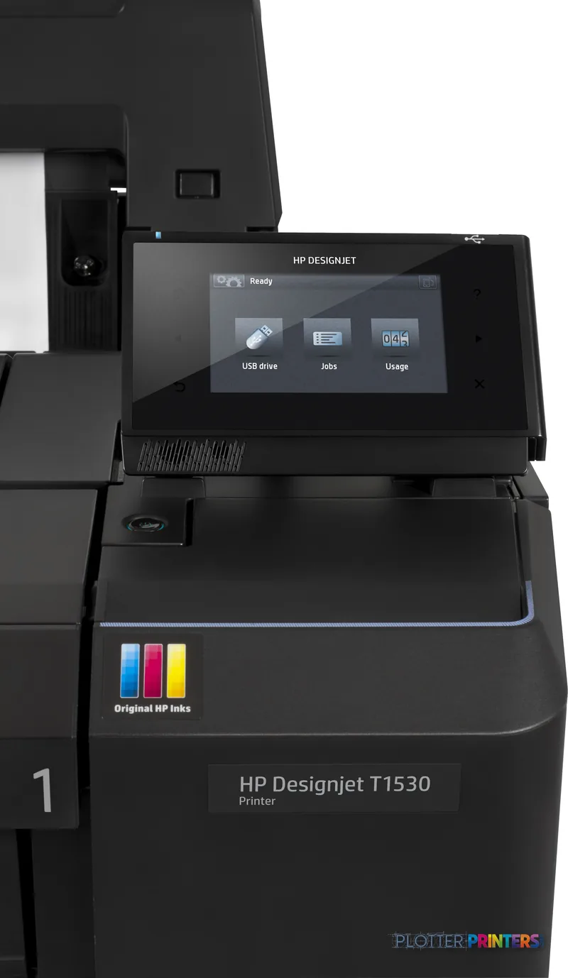 HP Designjet T1530 large format printer product image showing black thermal inkjet printer with touchscreen control panel an…