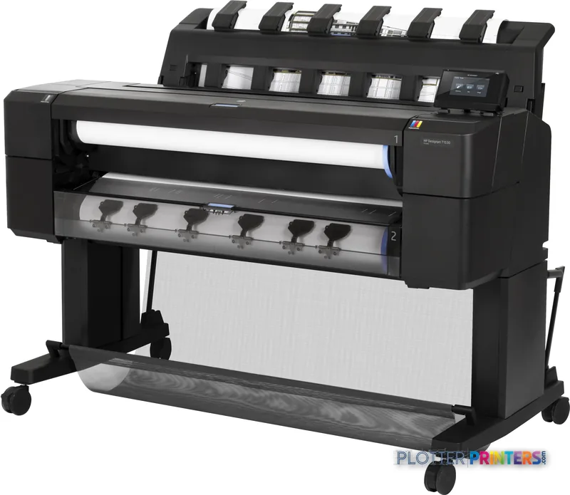 HP DesignJet T1530 36-inch large format printer product image showing black thermal inkjet device with paper roll loaded