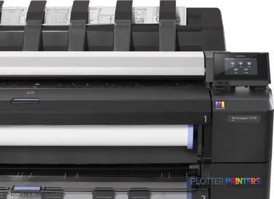 HP Designjet T2530 large format printer product image showing front view with dual paper rolls and control panel