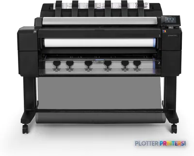 HP Designjet T2530 large-format printer front view showing black chassis with paper feed system and ink cartridges