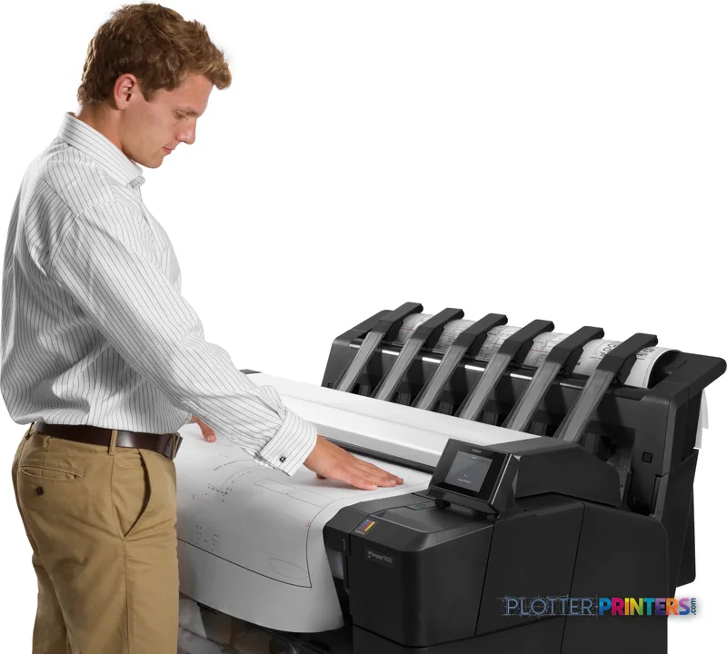Man feeding a large format print into an HP Designjet T2530 printer with output tray
