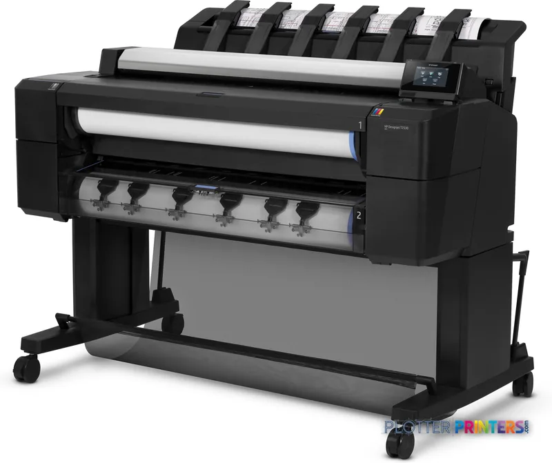 HP Designjet T2530 large-format printer product image showing front view with roll feed system and control panel