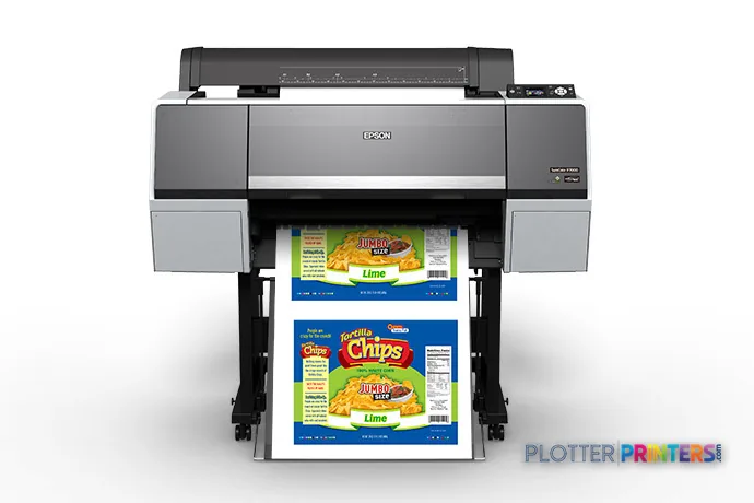 Epson SureColor P7000 Commercial Edition large format printer product image showing front view with colorful label output