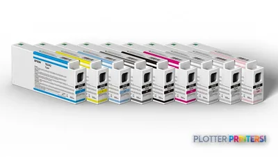 Epson SureColor P8000 ink cartridge set showing multiple colored cartridges arranged in a row