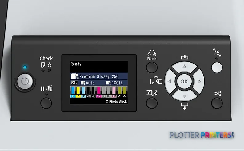 Epson SureColor P8000 Standard Edition control panel product image showing black front with display screen and navigation bu…