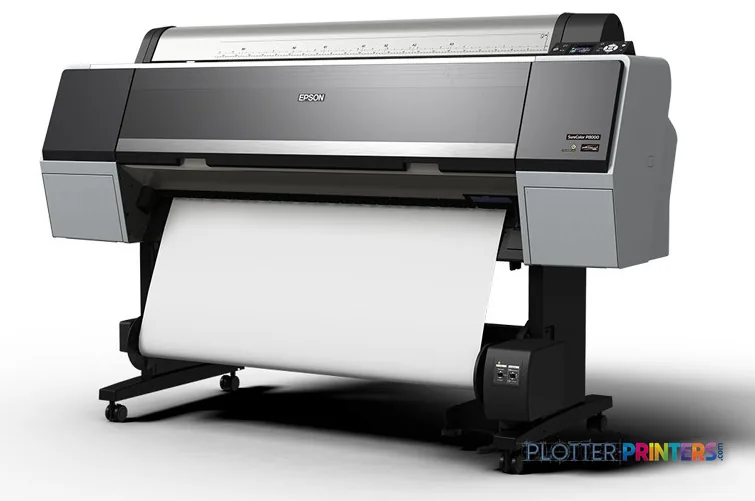 Epson SureColor P8000 Standard Edition large format printer in black and grey with white media loaded