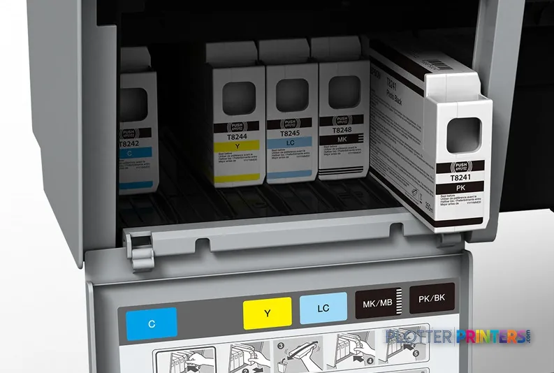 Epson SureColor P8000 Standard Edition product image showing open ink cartridge compartment with colored ink tanks