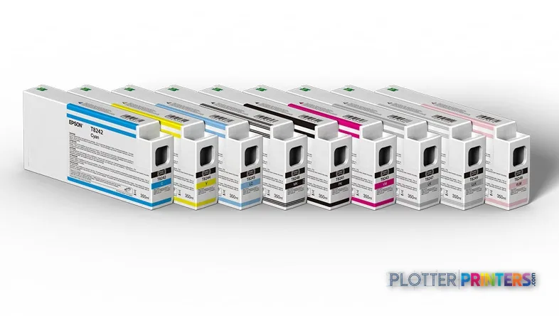 Epson SureColor P8000 ink cartridge set showing multiple colored cartridges arranged in a row