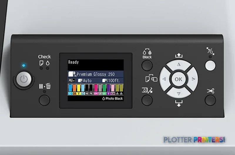 Epson SureColor P9000 Standard Edition control panel with display screen and navigation buttons