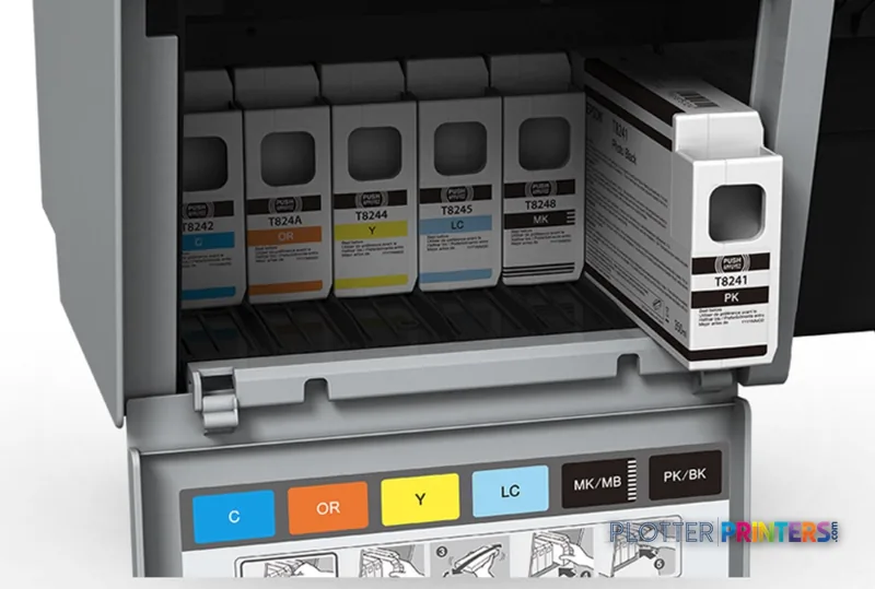 Epson SureColor P9000 Standard Edition product image showing open ink cartridge bay with five color ink tanks and one blackโฆ